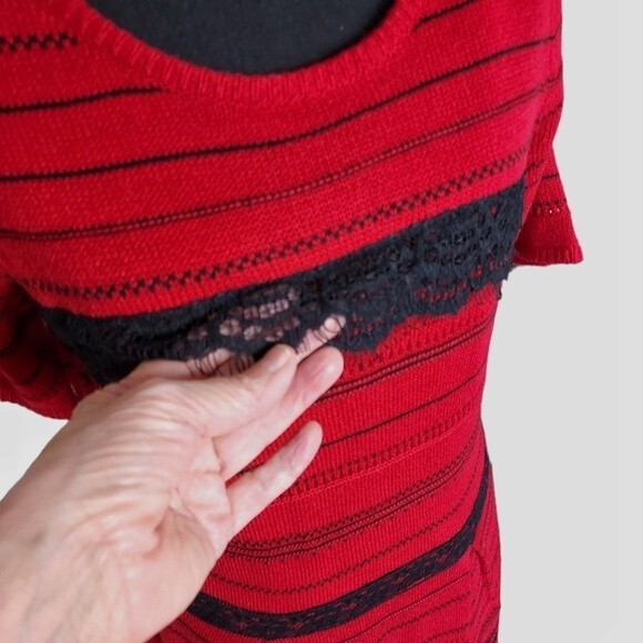 Women L/XL Cottagecore Fairy Retro Preppy Pop Of Red Lacy Holiday Sweater Dress - Picture 3 of 11